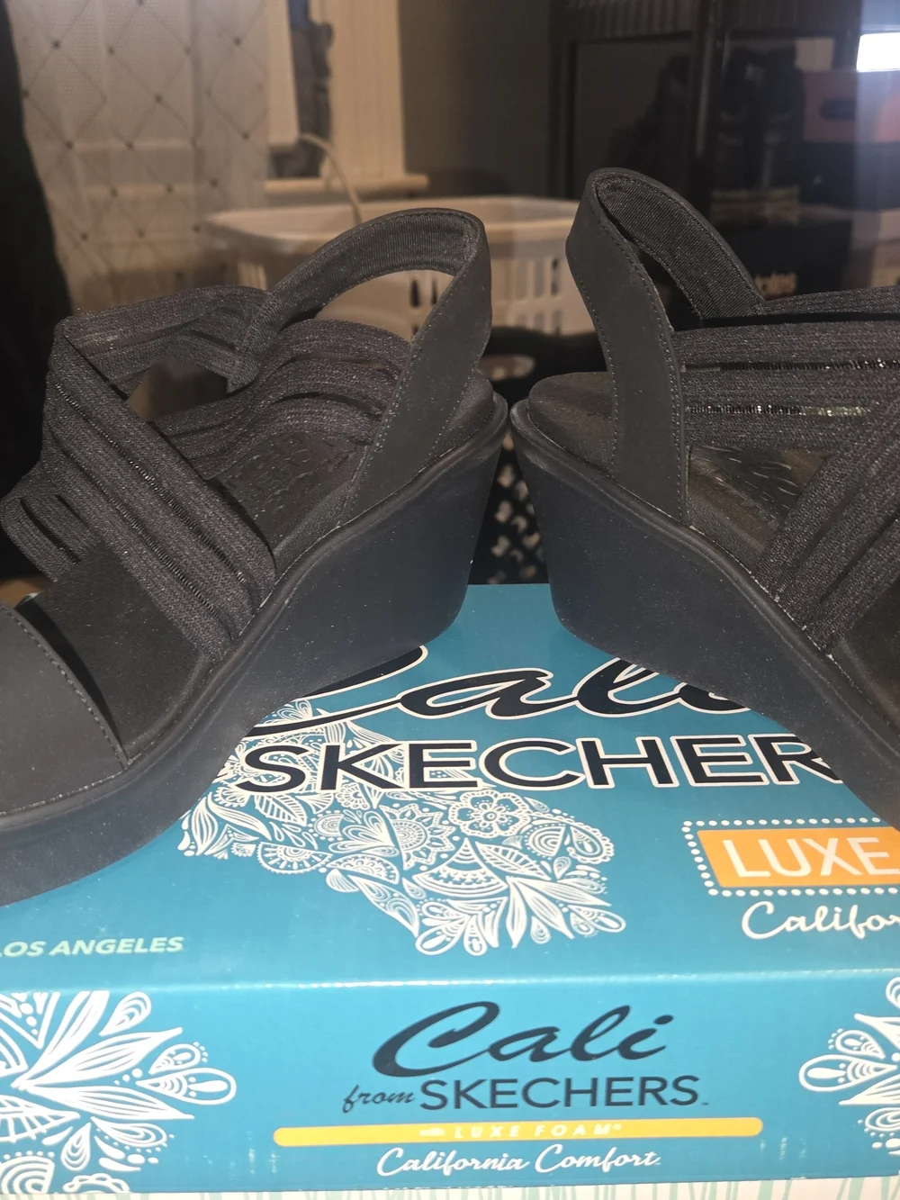 Skechers Cali Black Wedge Sandals with Luxe Foam